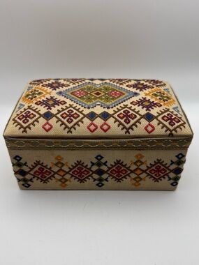 Vintage Cretan Embroidered Jewelry Box Greek Folk Art Hand Cross Stitch Boho Box